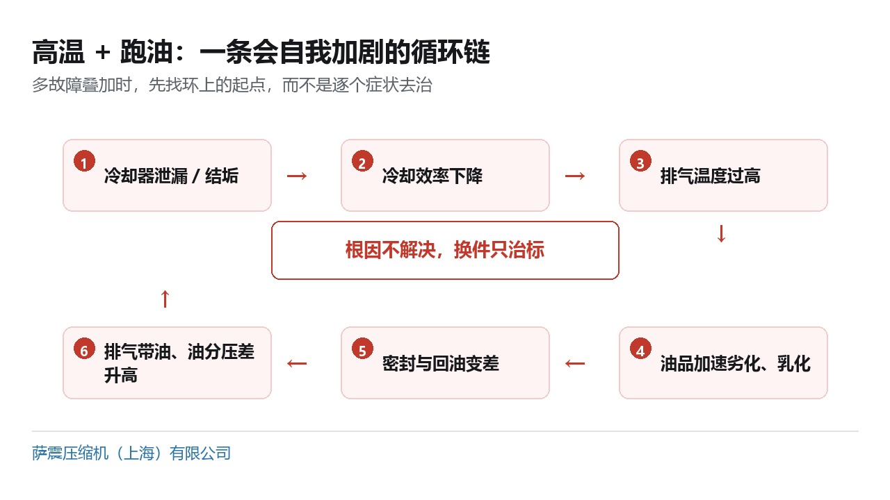 空压机高温与跑油的恶性循环链：冷却器泄漏或结垢、冷却效率下降、排气温度过高、油品乳化、密封与回油变差、排气带油，形成闭环