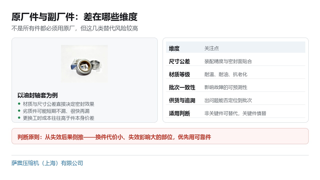 空压机原厂件与替代件的五个对比维度：尺寸公差、材质等级、批次一致性、供货与追溯、适用判断，以及判断原则——从失效后果倒推
